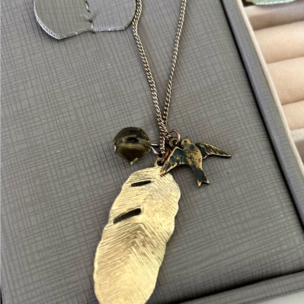 Gold Feather and Bird Pendant Necklace